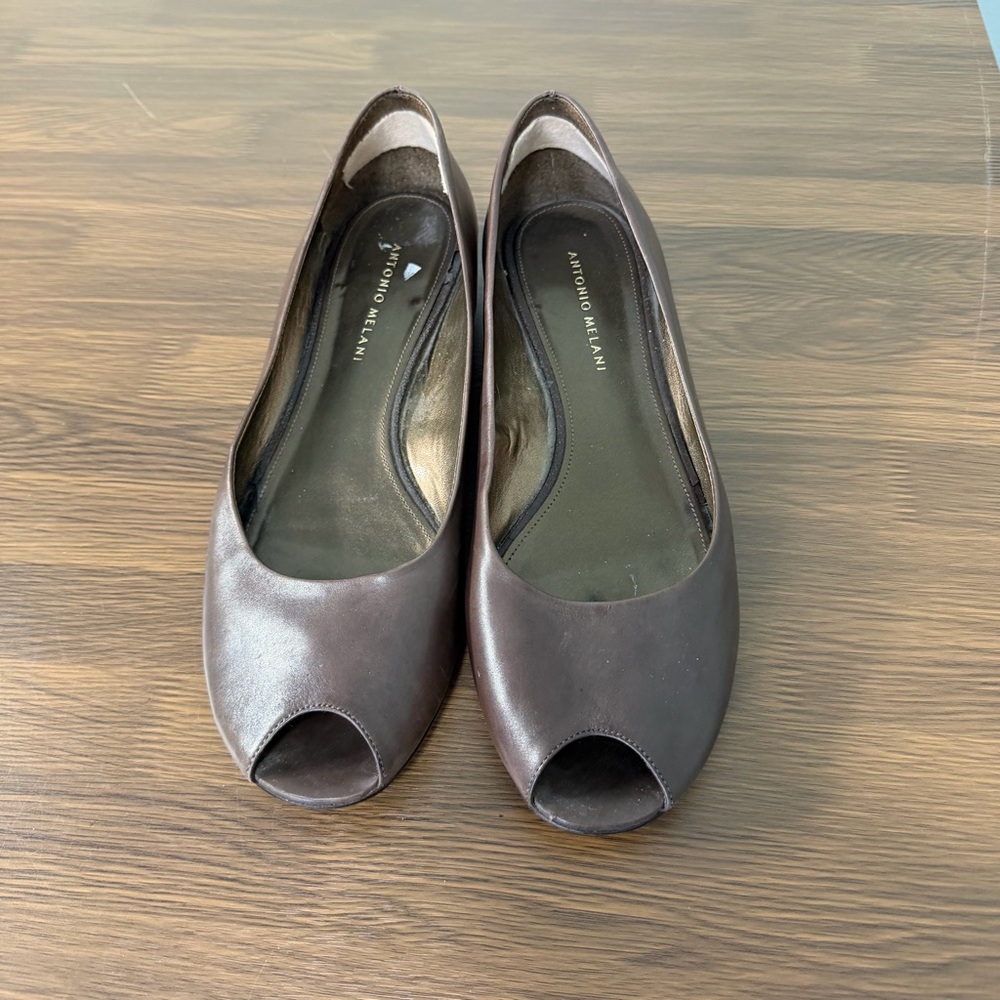 ANTONIO MELANI Dark Brown Peep-Toe Flats Size 9.5 - Picture 6 of 10